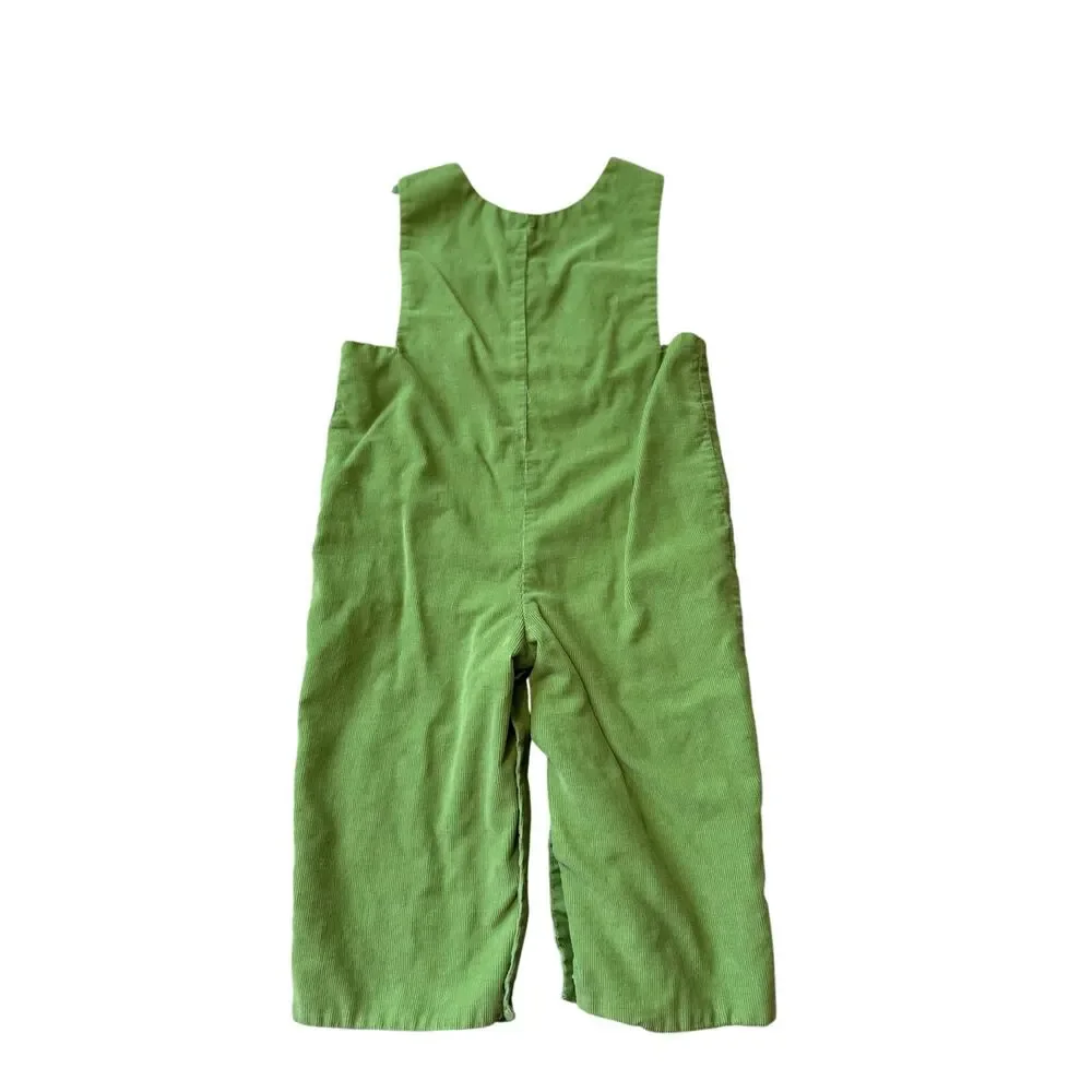 MANO Handmade Christmas Smocked Reindeer Sleigh Green Corduroy Overalls 2T
